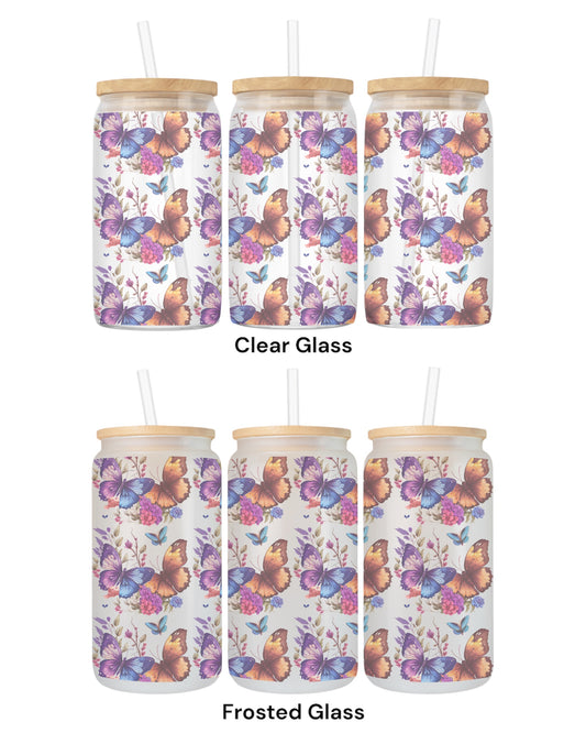 16 OZ Glass Can Butterfly Design
