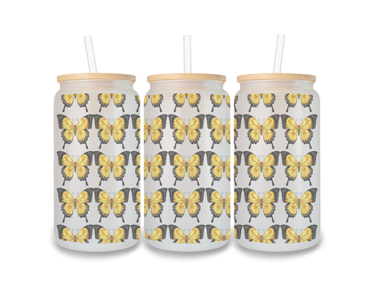 16 OZ Glass Can Butterfly Design