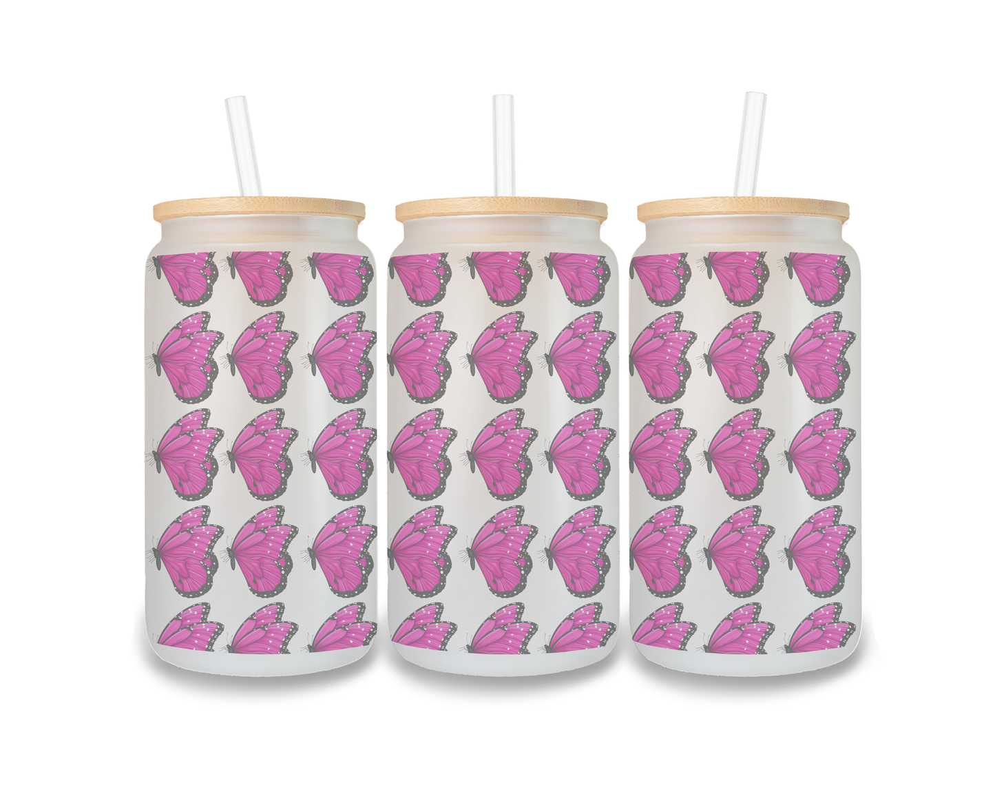 16 OZ Glass Can Butterfly Design