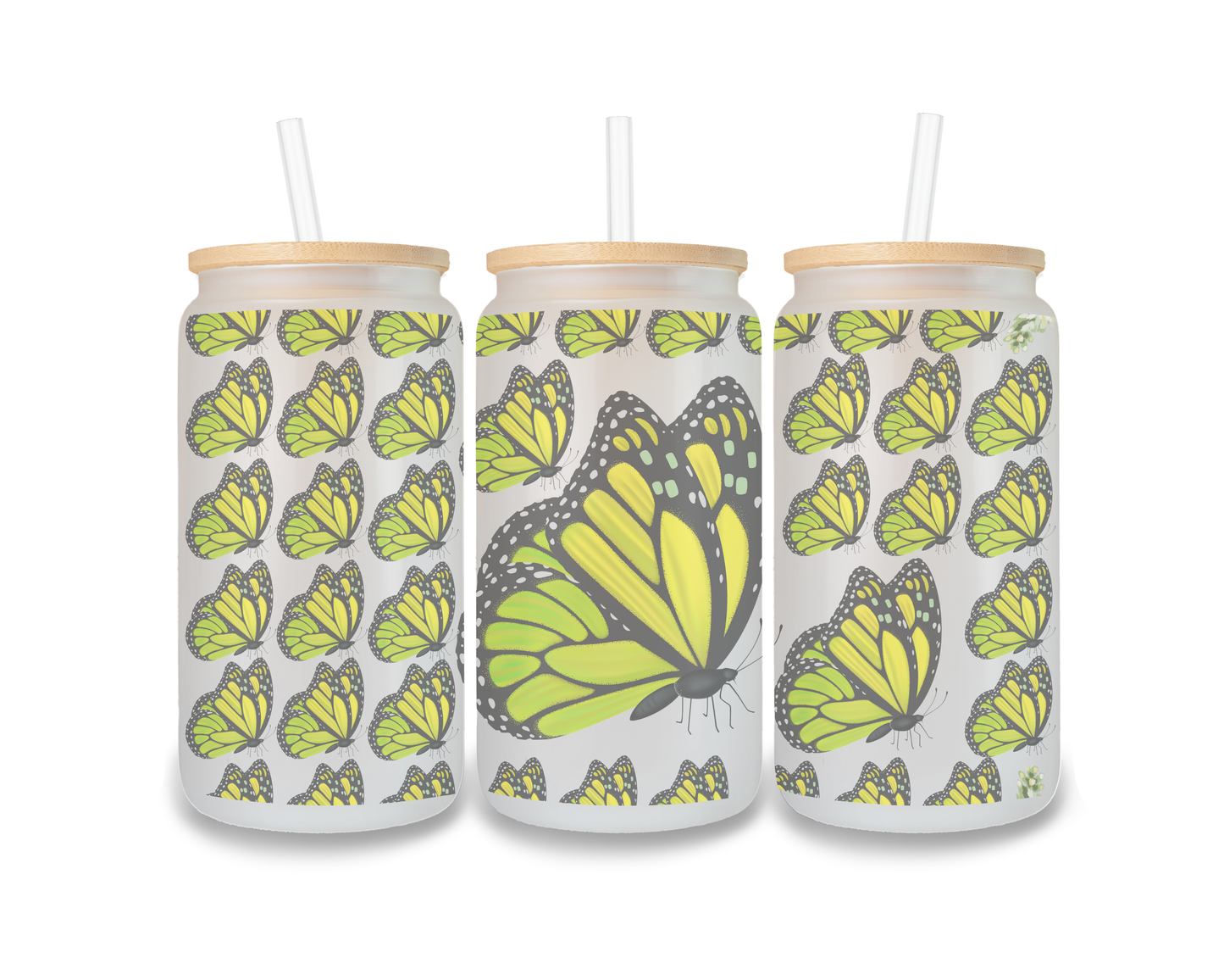 16 OZ Glass Can Butterfly Design