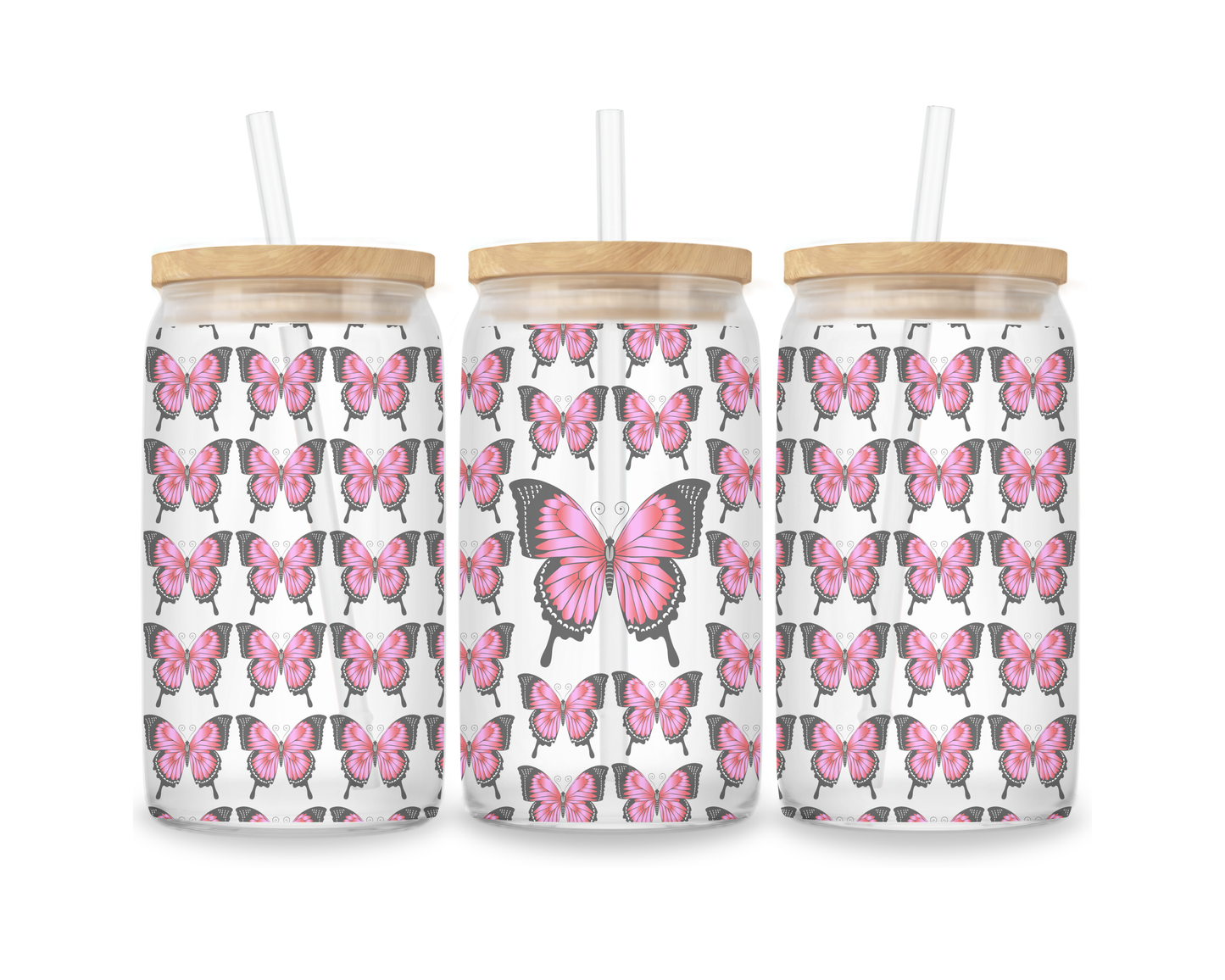 16 OZ Glass Can Butterfly Design