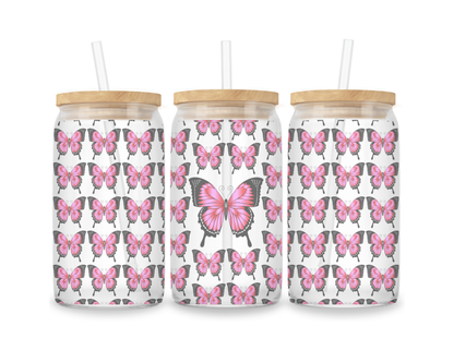 16 OZ Glass Can Butterfly Design
