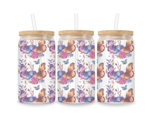 16 OZ Glass Can Butterfly Design