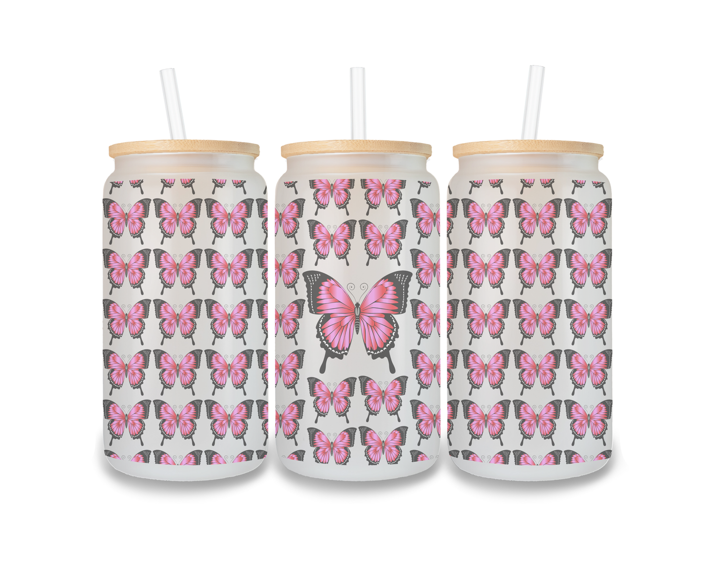 16 OZ Glass Can Butterfly Design