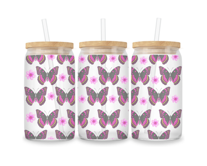 16 OZ Glass Can Butterfly Design