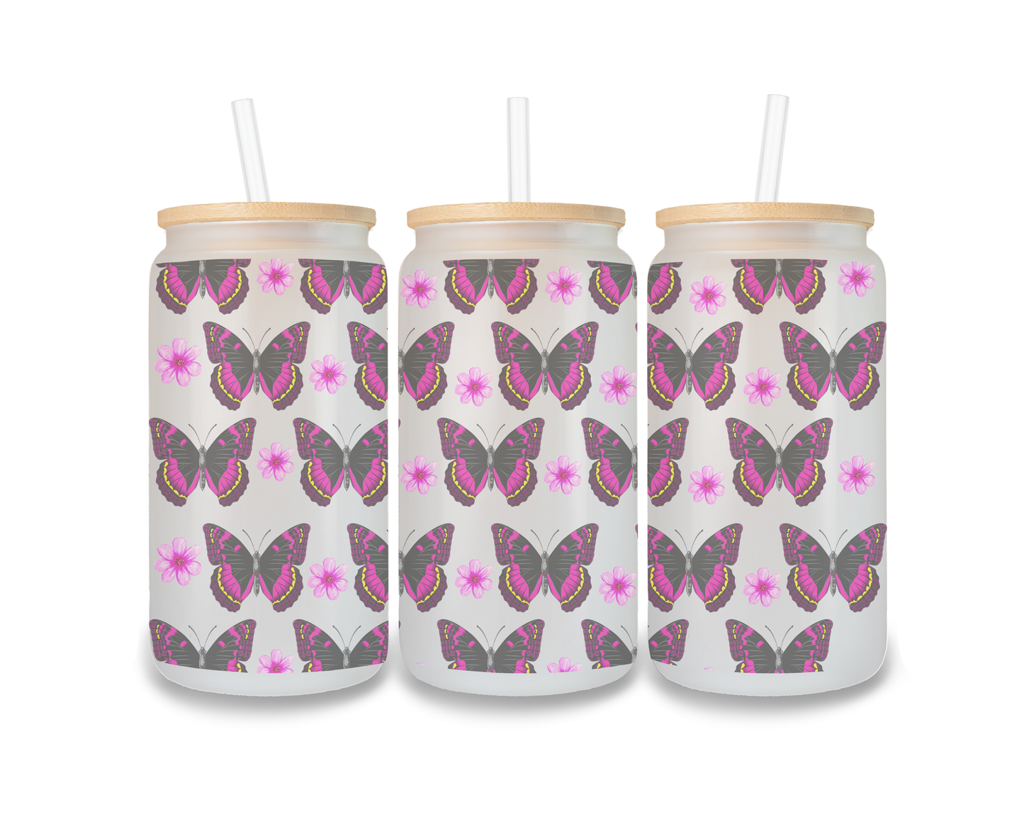 16 OZ Glass Can Butterfly Design