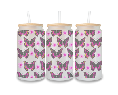16 OZ Glass Can Butterfly Design