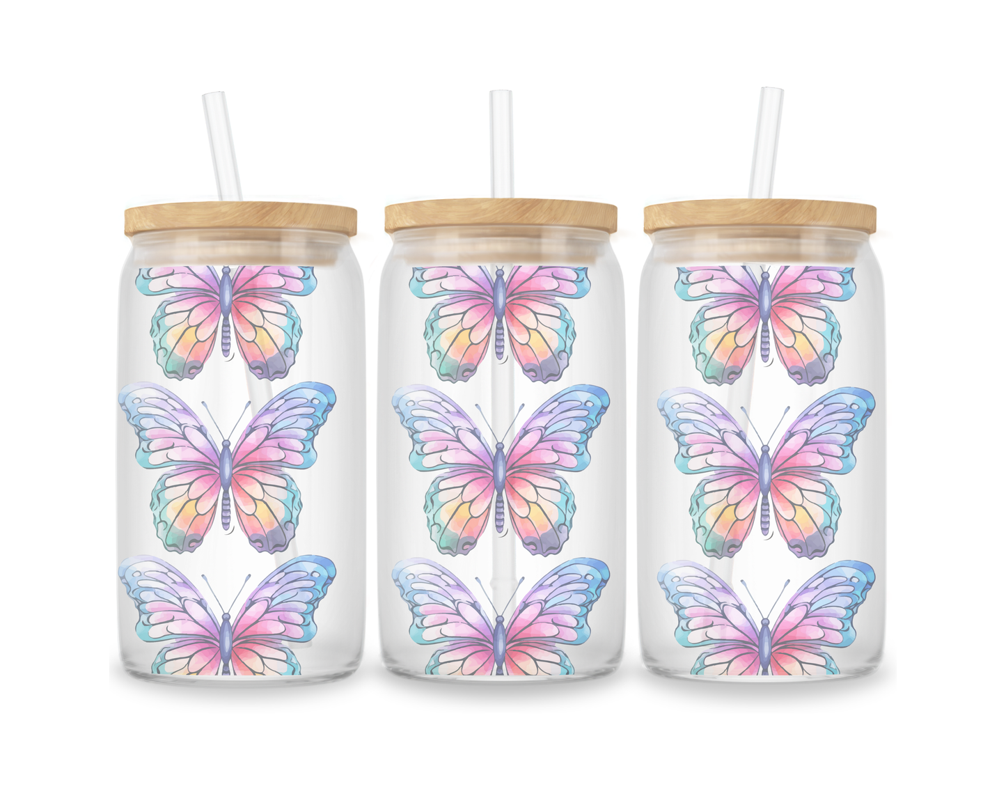16 OZ Glass Can Butterfly Design