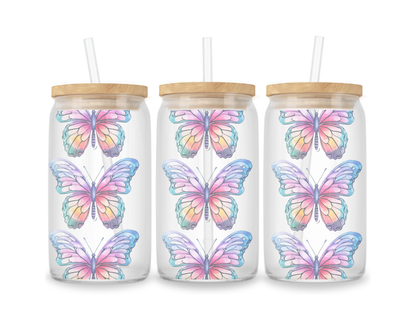 16 OZ Glass Can Butterfly Design