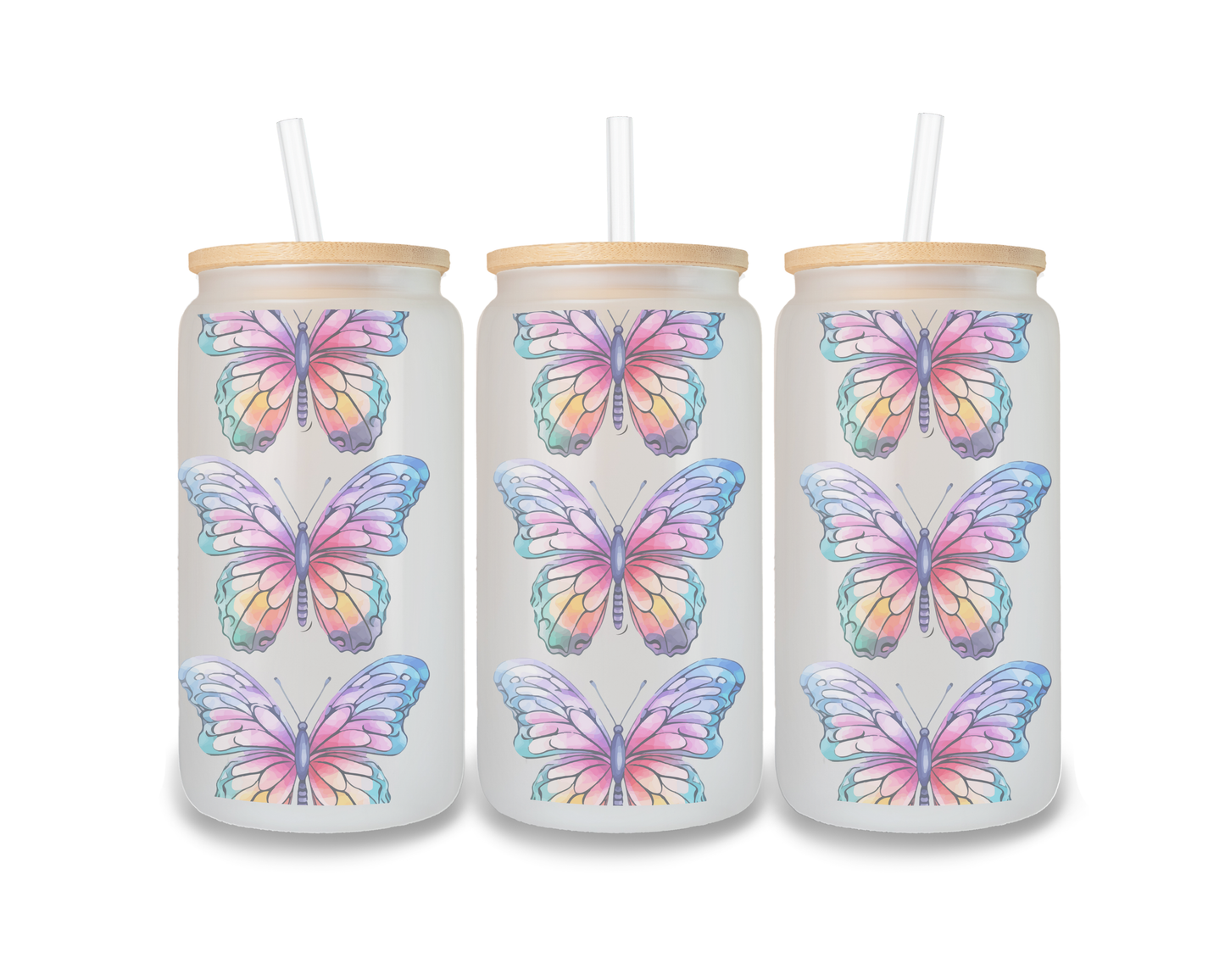 16 OZ Glass Can Butterfly Design