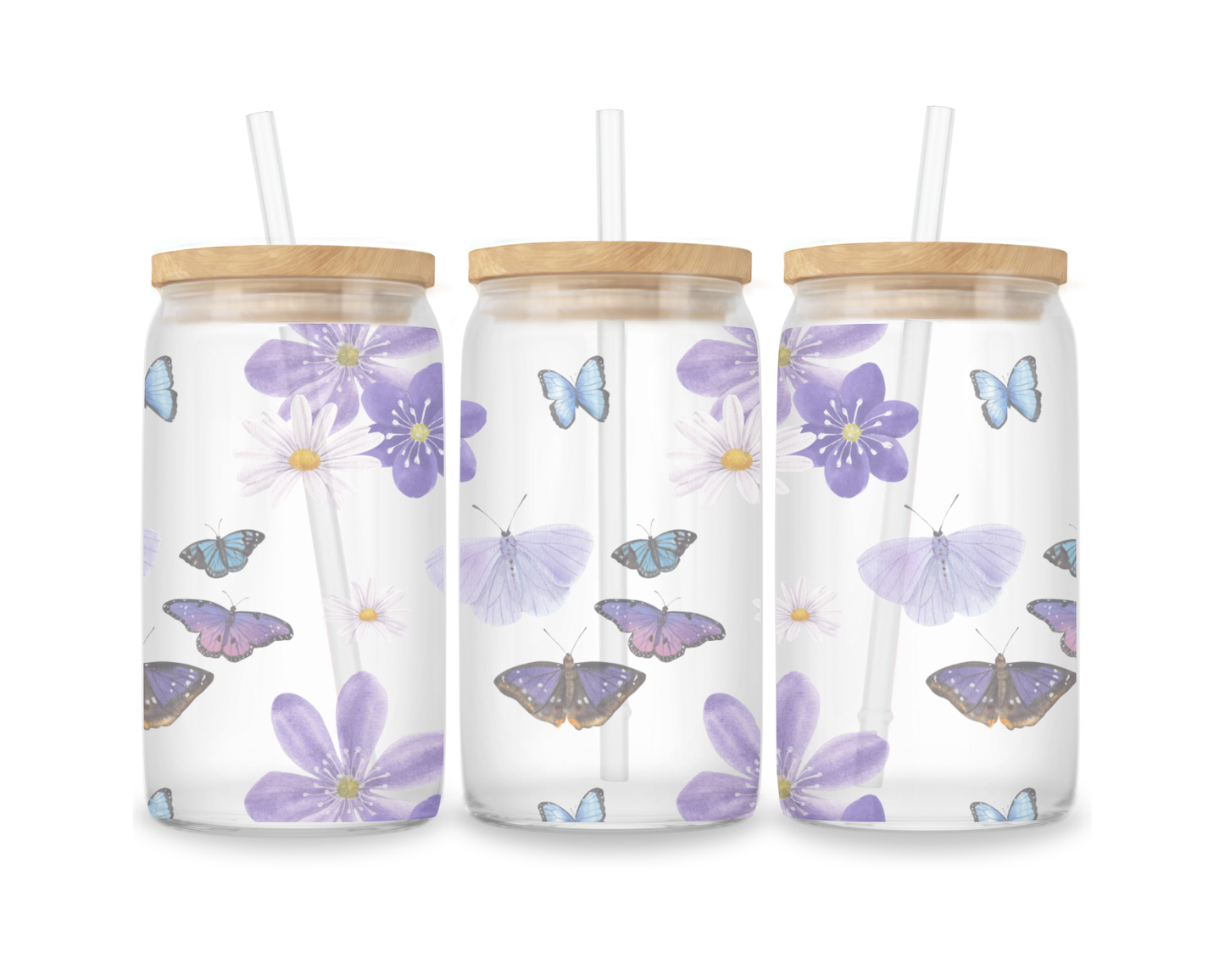 16 OZ Glass Can Butterfly Design