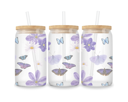 16 OZ Glass Can Butterfly Design