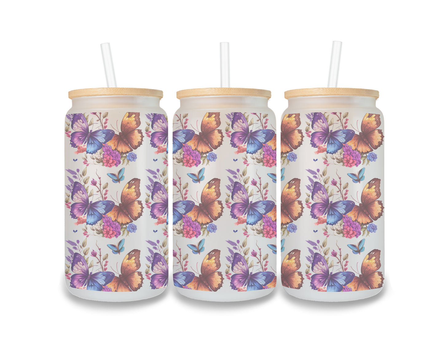 16 OZ Glass Can Butterfly Design