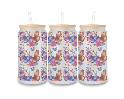 16 OZ Glass Can Butterfly Design