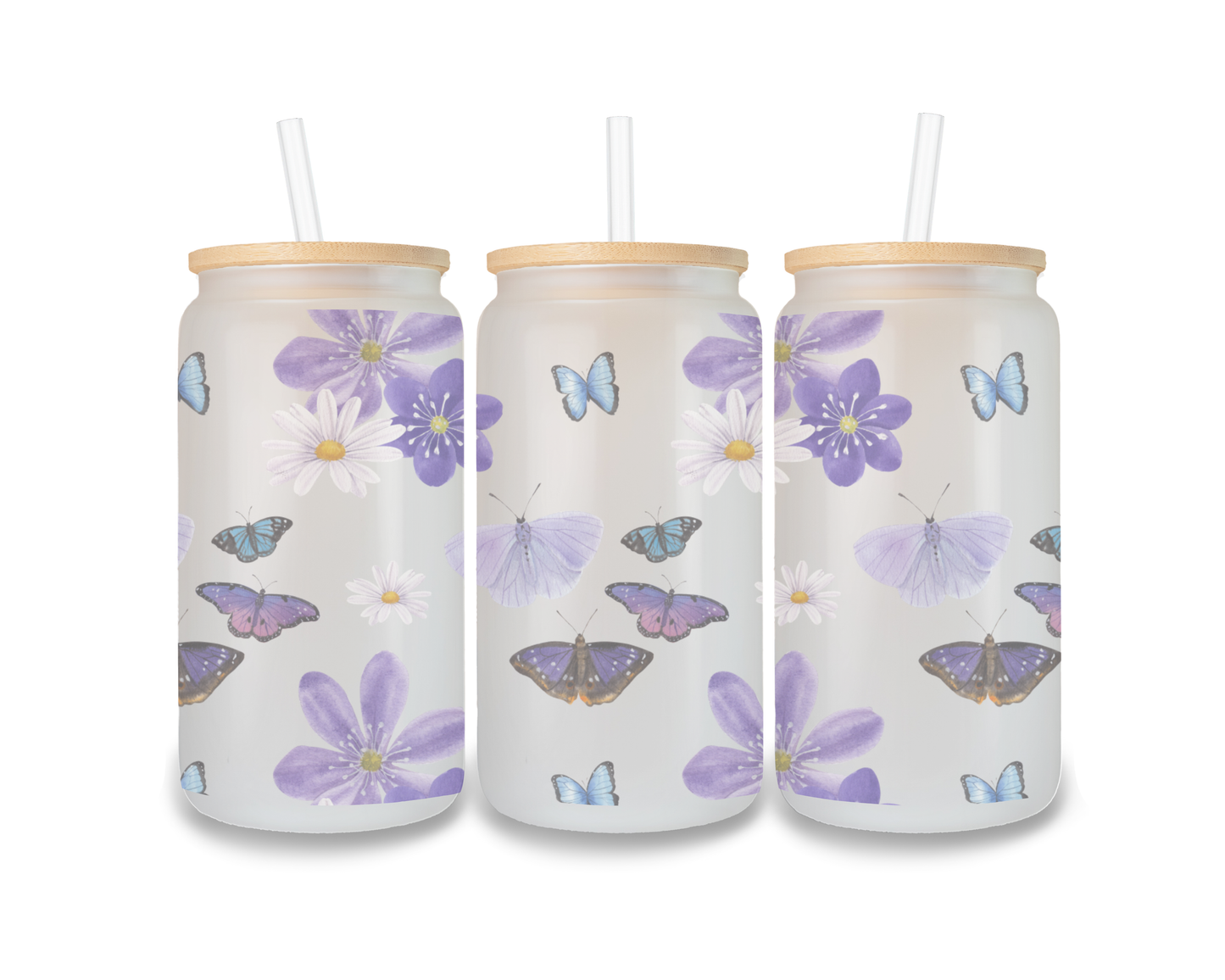 16 OZ Glass Can Butterfly Design
