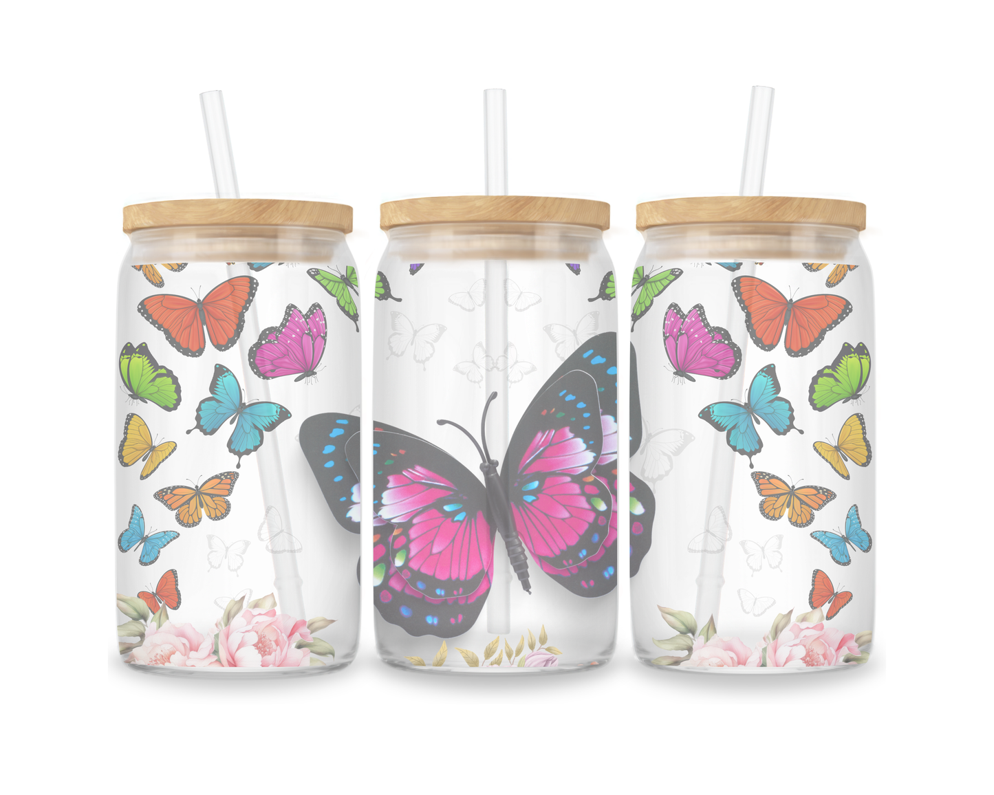 16 OZ Glass Can Butterfly Design