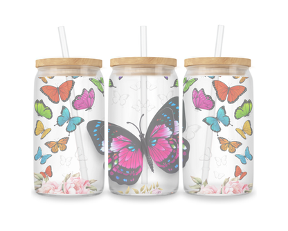16 OZ Glass Can Butterfly Design
