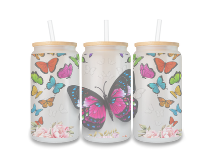 16 OZ Glass Can Butterfly Design