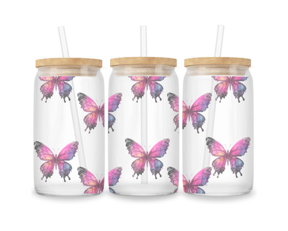 16 OZ Glass Can Butterfly Design