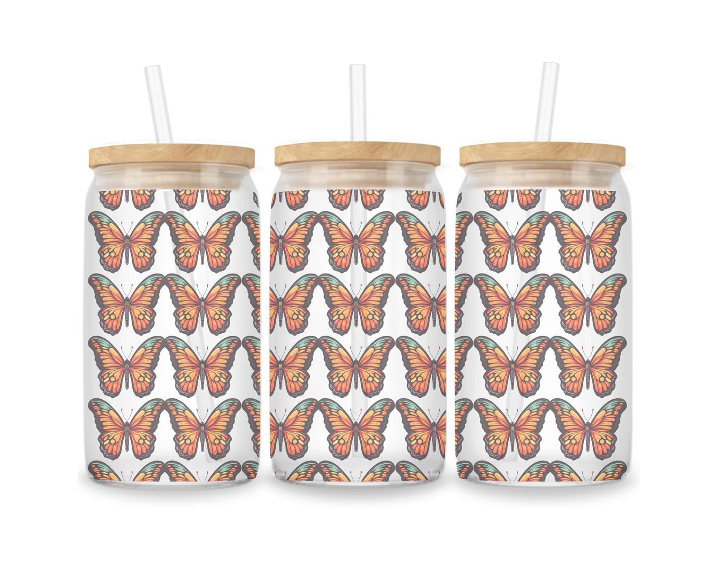 16 OZ Glass Can Butterfly Design