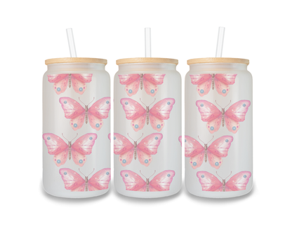 16 OZ Glass Can Butterfly Design
