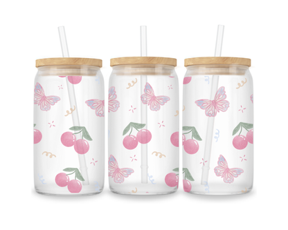 16 OZ Glass Can Butterfly Design