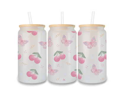 16 OZ Glass Can Butterfly Design