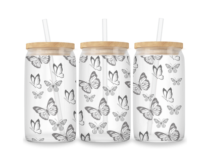 16 OZ Glass Can Butterfly Design