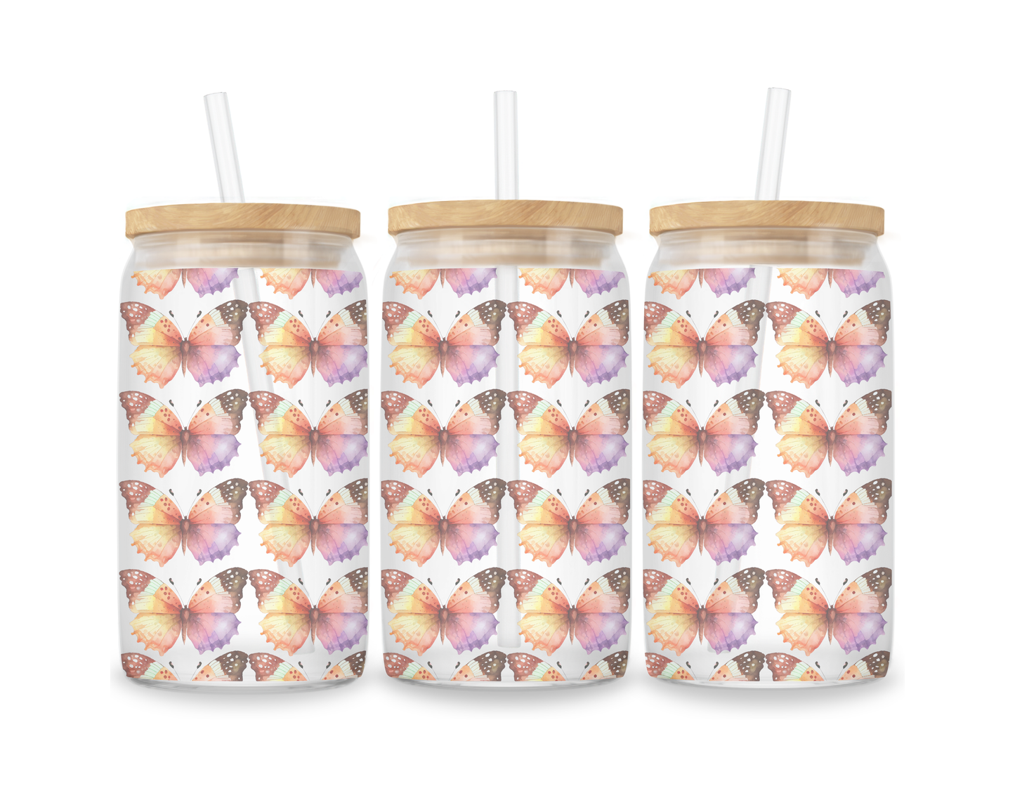 16 OZ Glass Can Butterfly Design