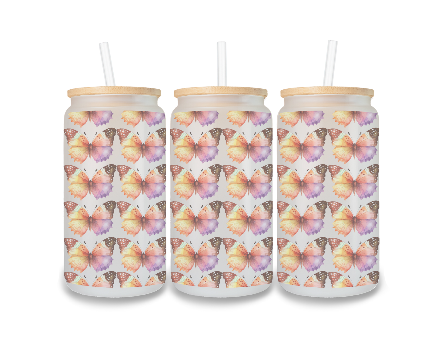 16 OZ Glass Can Butterfly Design