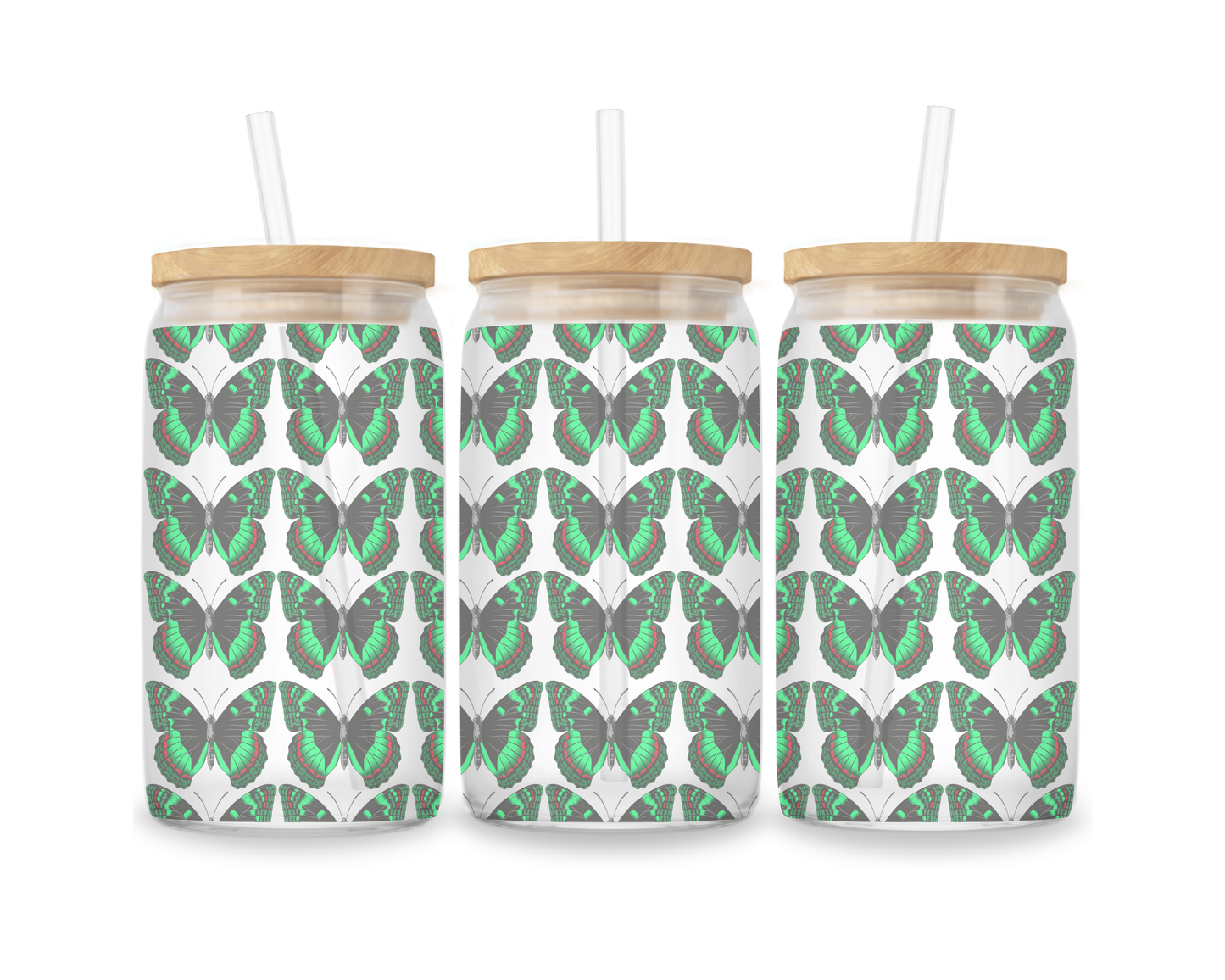 16 OZ Glass Can Butterfly Design