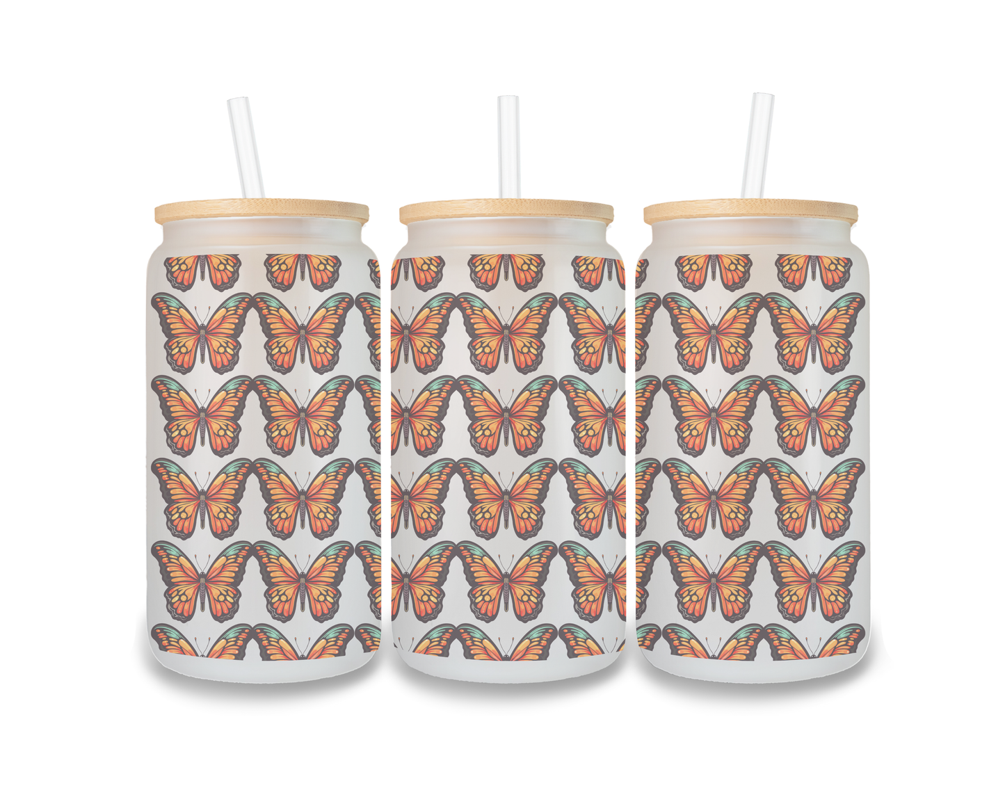 16 OZ Glass Can Butterfly Design