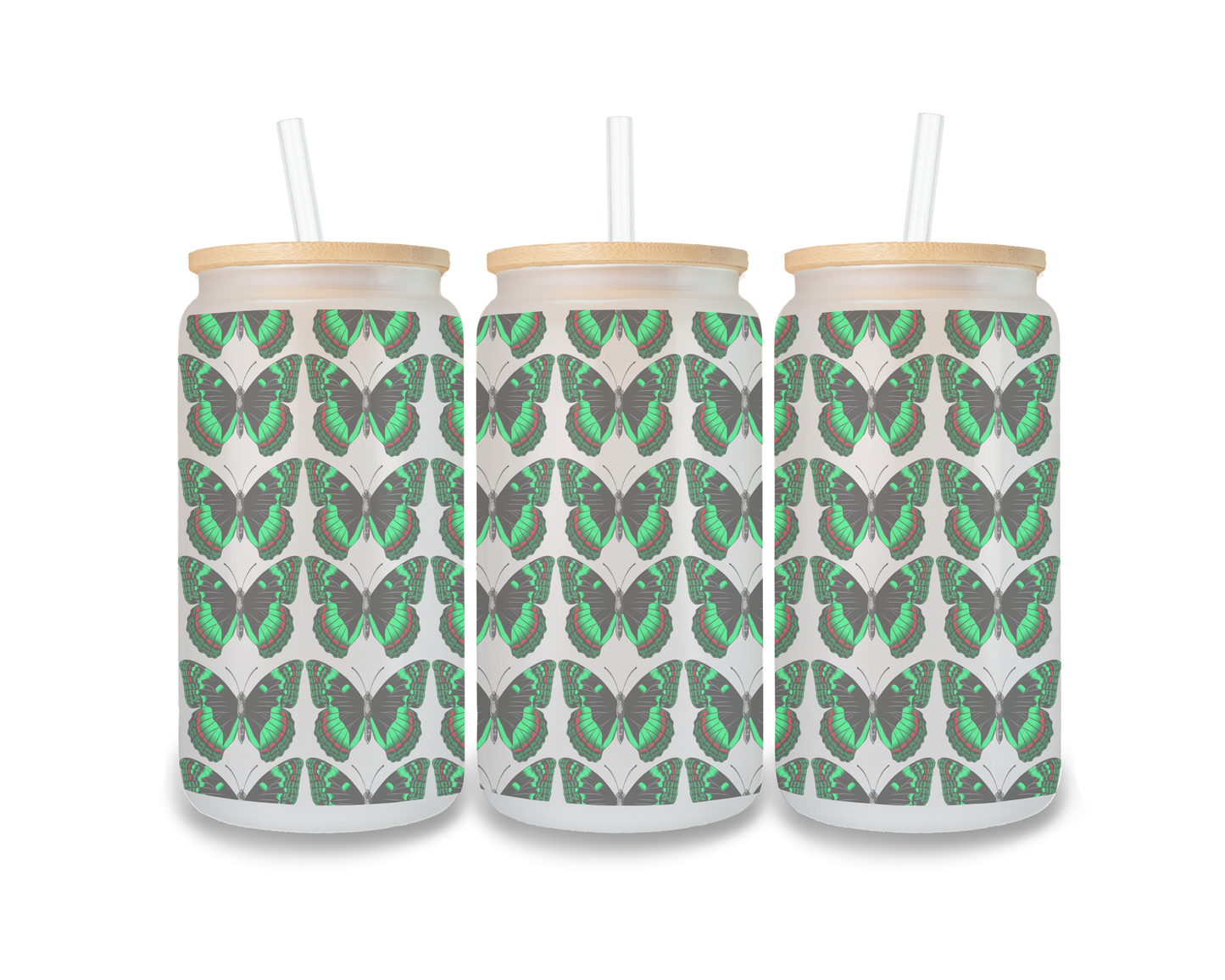 16 OZ Glass Can Butterfly Design