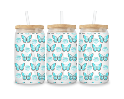 16 OZ Glass Can Butterfly Design