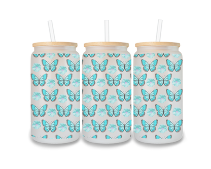 16 OZ Glass Can Butterfly Design