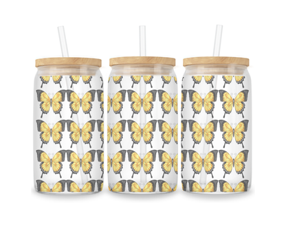 16 OZ Glass Can Butterfly Design