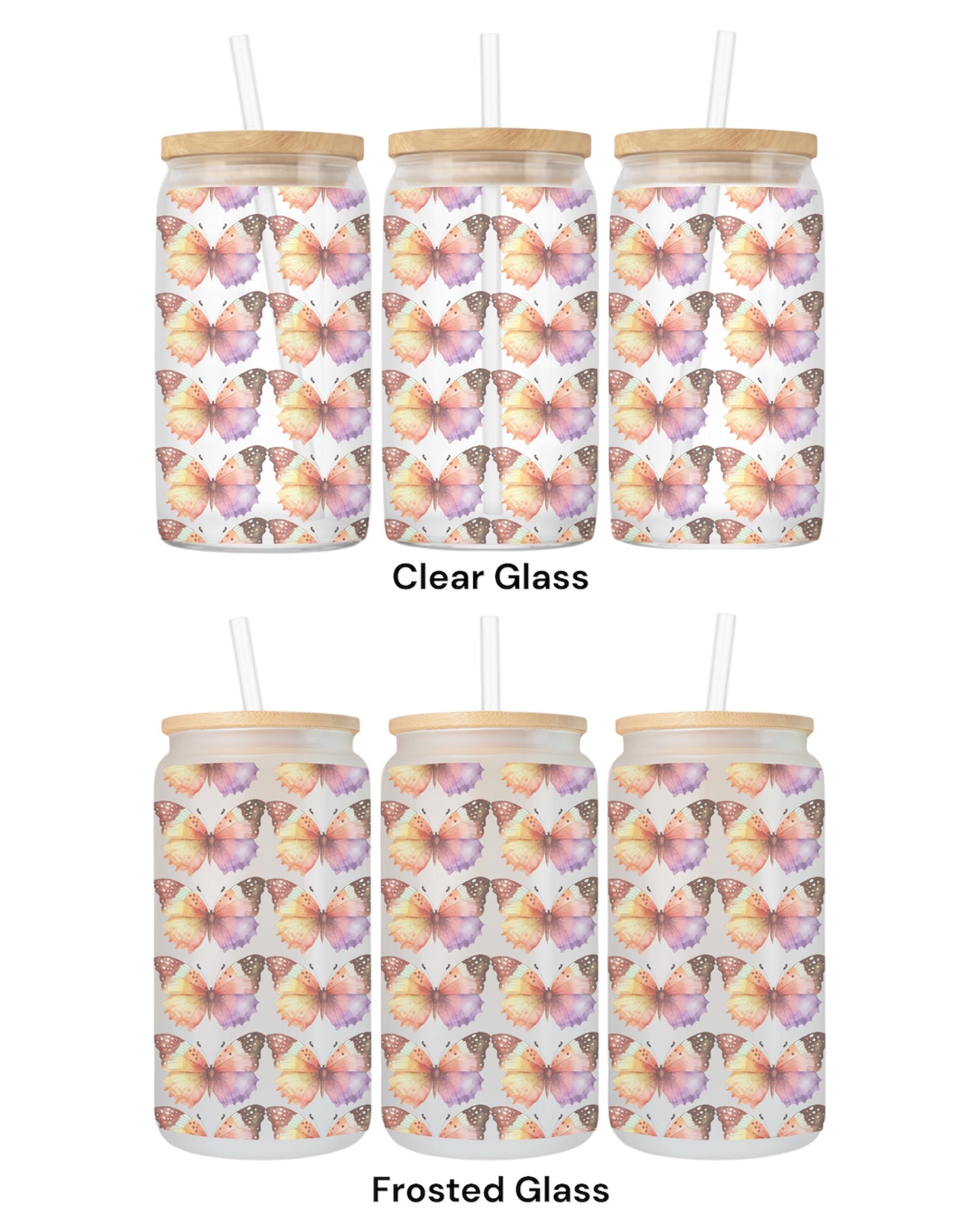 16 OZ Glass Can Butterfly Design