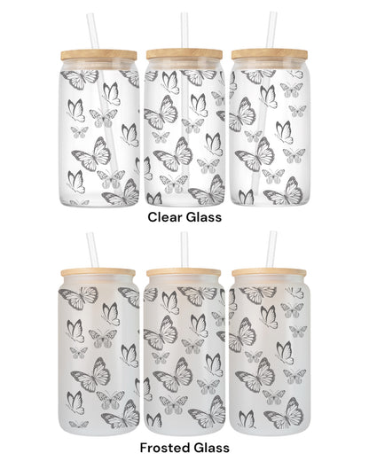 16 OZ Glass Can Butterfly Design