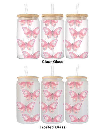 16 OZ Glass Can Butterfly Design