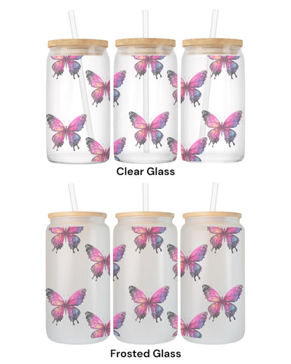 16 OZ Glass Can Butterfly Design