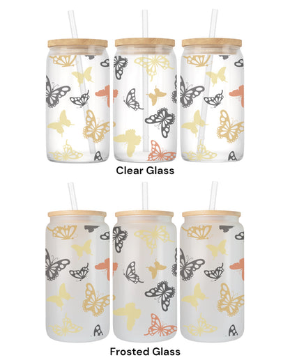 16 OZ Glass Can Butterfly Design