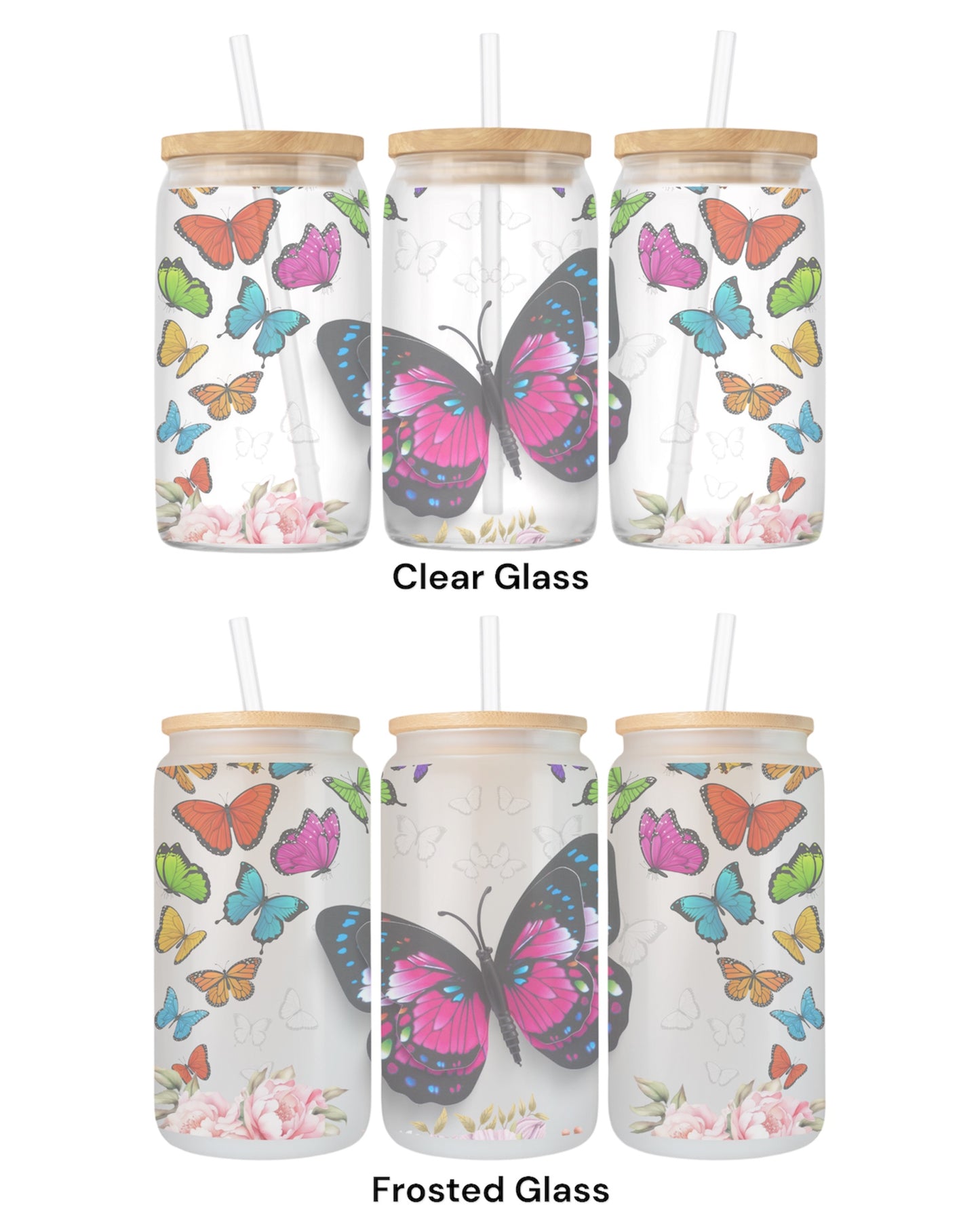 16 OZ Glass Can Butterfly Design