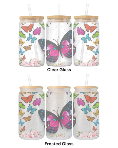 16 OZ Glass Can Butterfly Design