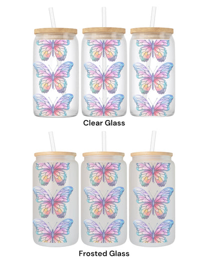 16 OZ Glass Can Butterfly Design