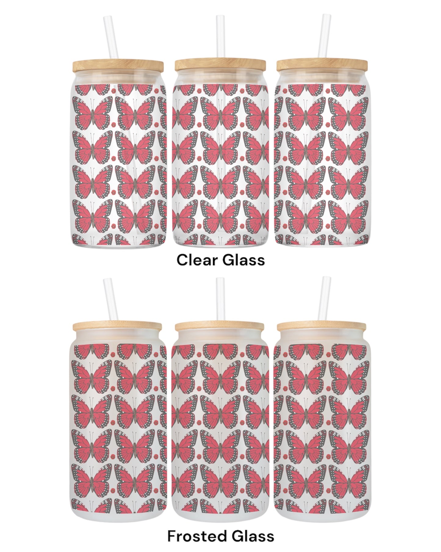 16 OZ Glass Can Butterfly Design