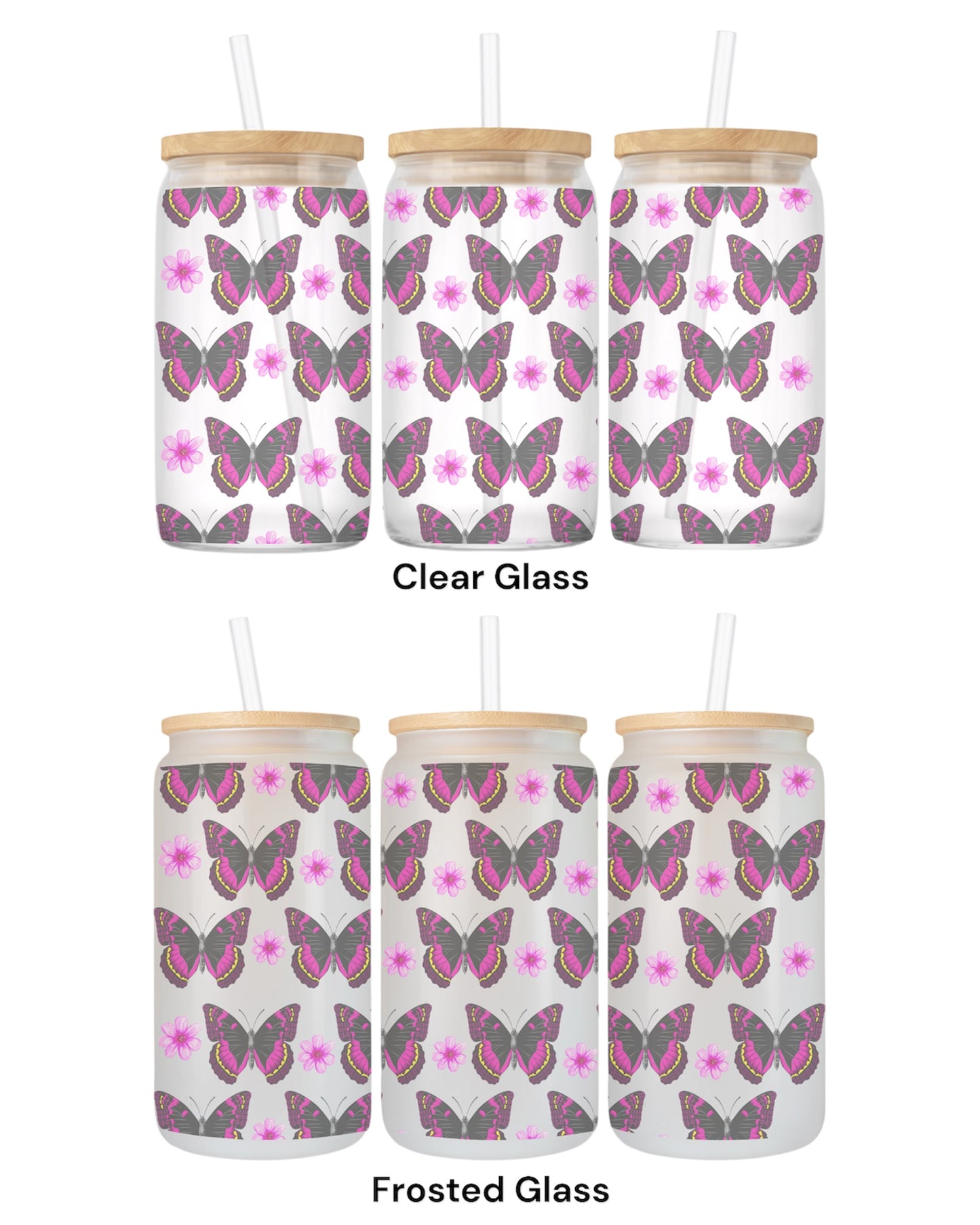 16 OZ Glass Can Butterfly Design