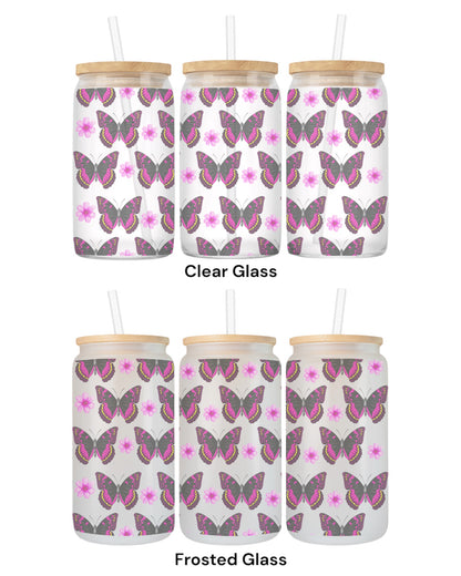 16 OZ Glass Can Butterfly Design