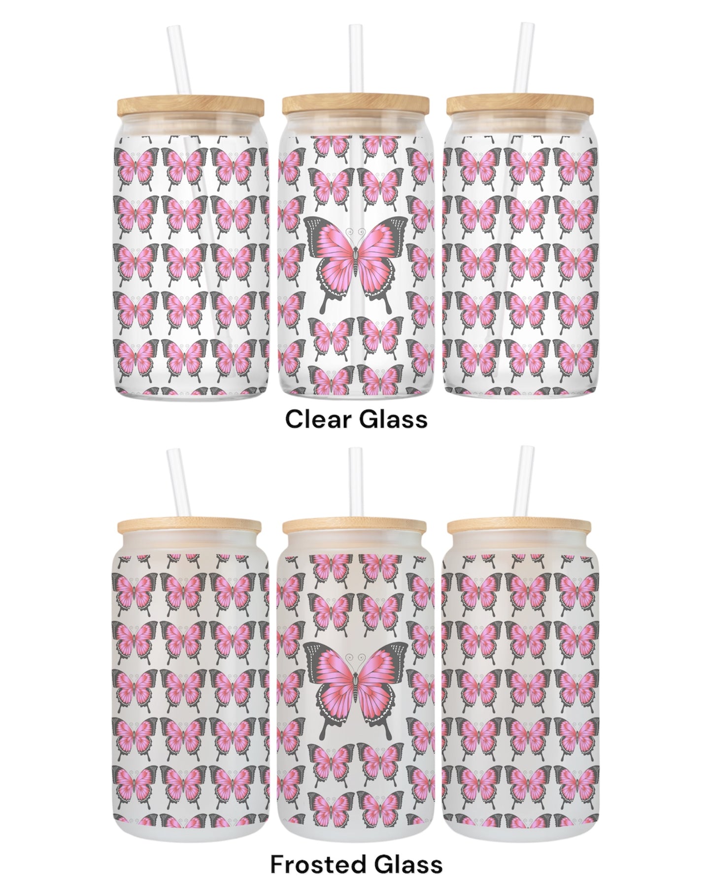 16 OZ Glass Can Butterfly Design
