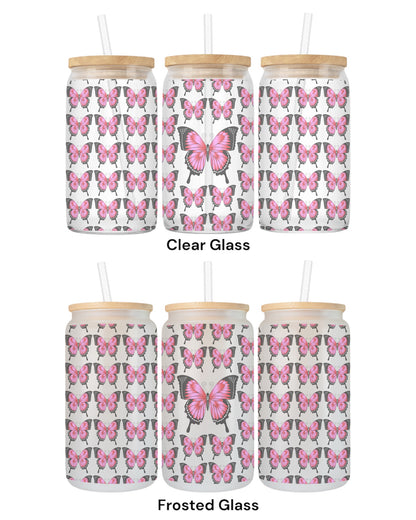 16 OZ Glass Can Butterfly Design