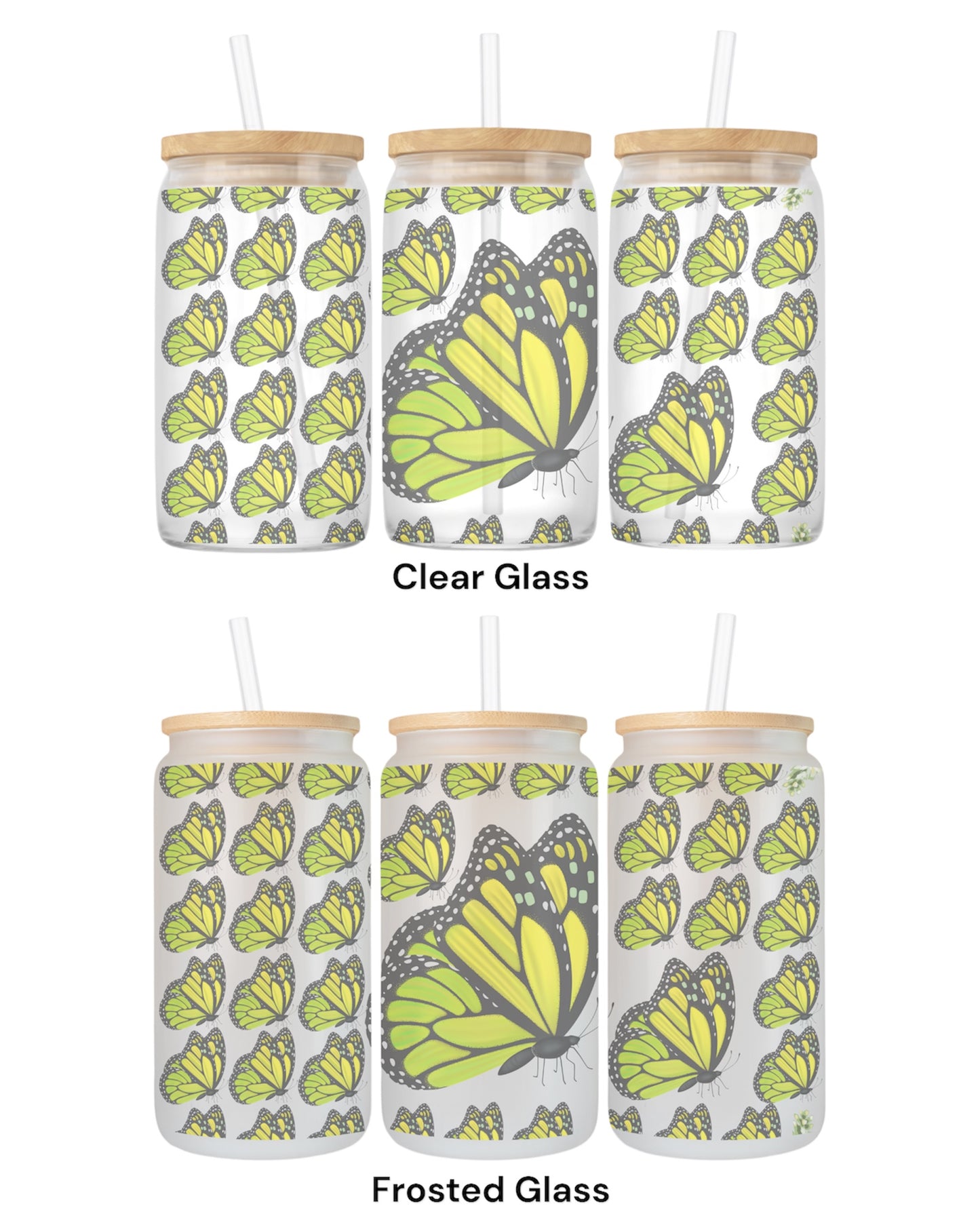16 OZ Glass Can Butterfly Design